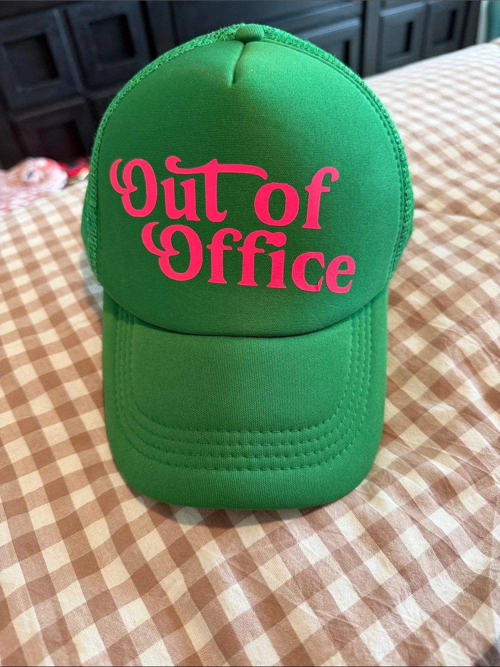 Green 'Out of Office' Trucker Hat with Pink Lettering